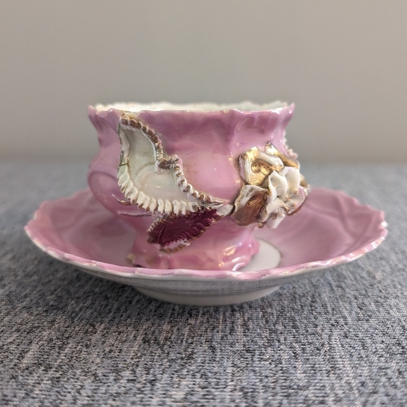 Antique Victorian Style Lusterware Cup and Saucer, Raised Floral Details - Picture 2 of 8